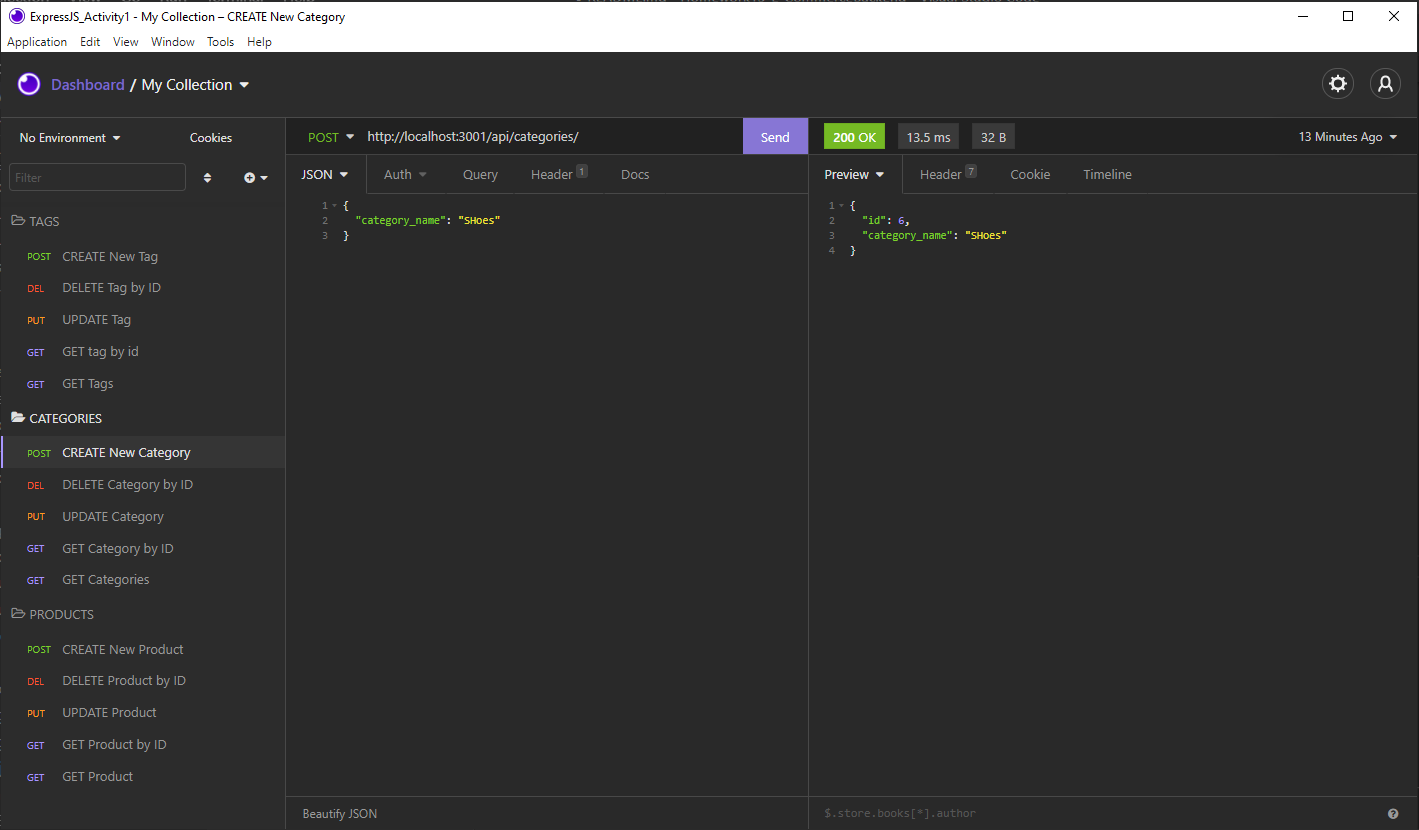 Screenshot of E-Commerce Backend routes being tested using Insomnia