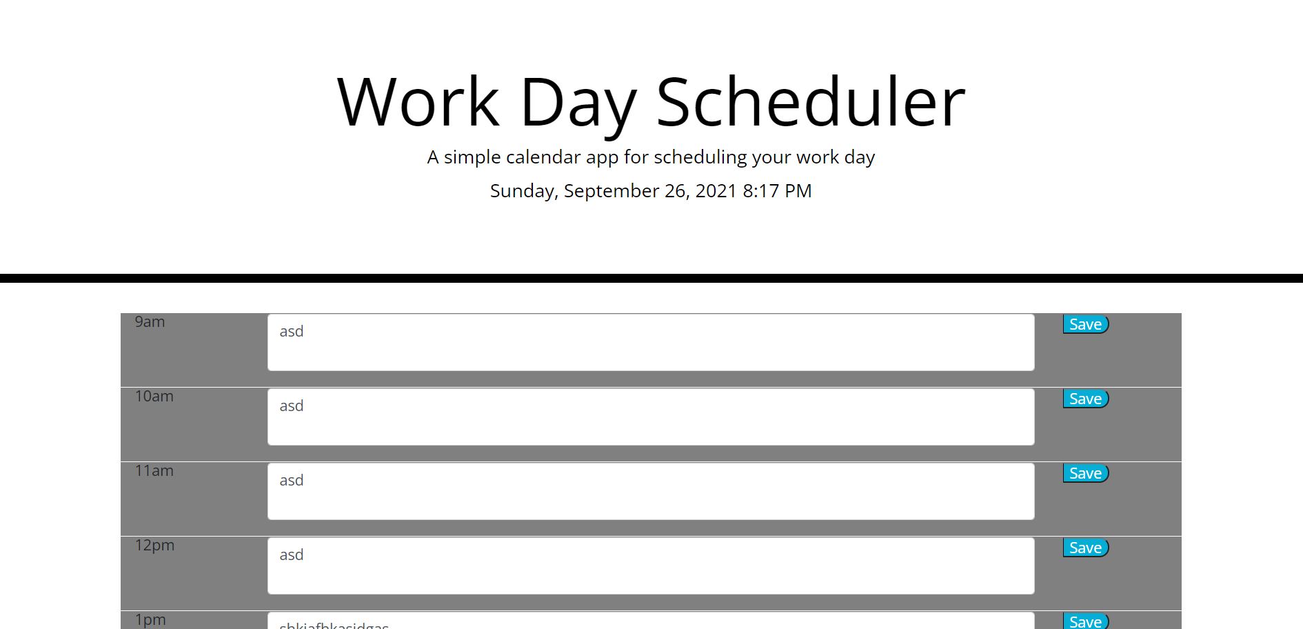Screenshot of Work Day Scheduler App